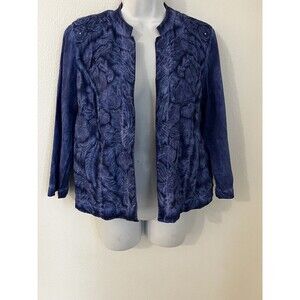Chicos Embroidered Jacket Size 1  8-10 Blue  Open Front Boho Embroidered Coastal